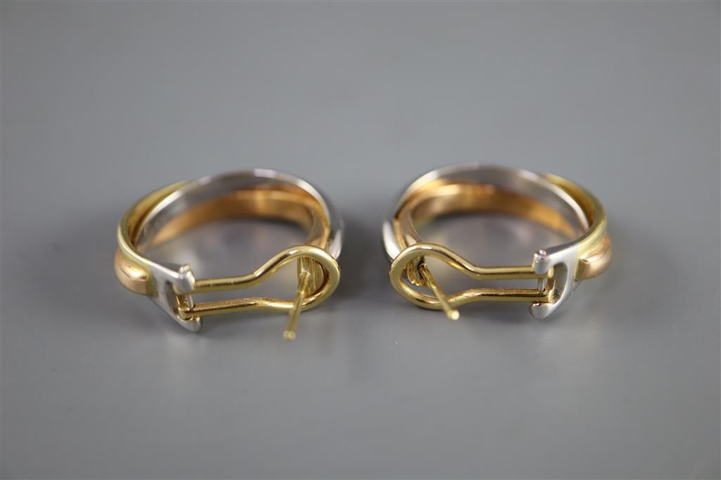 A pair of modern Cartier 18ct three colour gold hoop earrings, signed and numbered 775302, in Cartier box.